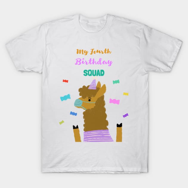 My Fourth Birthday Squad - Fourth Birthday quarantined lama with face mask. T-Shirt by Ken Adams Store